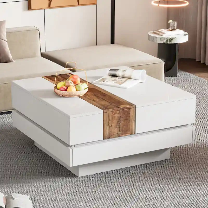Square Coffee Table with Sliding Tabletop and Hidden Storage, High-Gloss Walnut Veneer