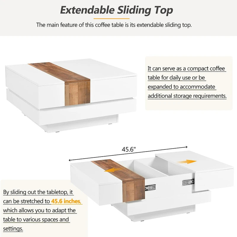 Square Coffee Table with Sliding Tabletop and Hidden Storage