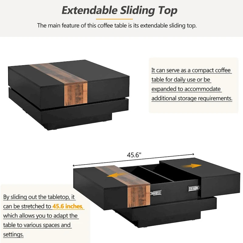 Square Coffee Table with Sliding Tabletop and Hidden Storage