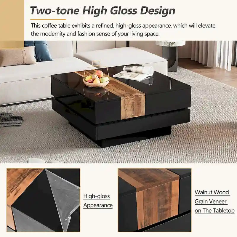 Square Coffee Table with Sliding Tabletop and Hidden Storage