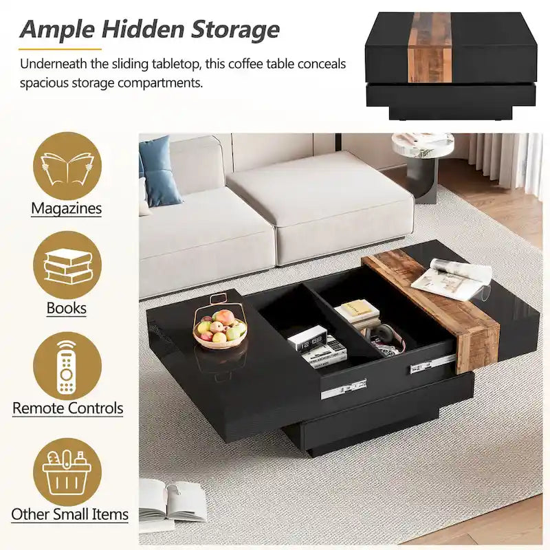 Square Coffee Table with Sliding Tabletop and Hidden Storage