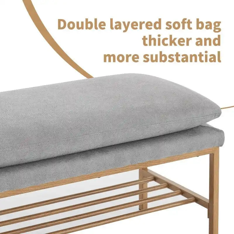End of Bed Bench with Shelf, Linen Upholstered Storage Shoe Bench, Modern Bedroom Bench with Metal Legs