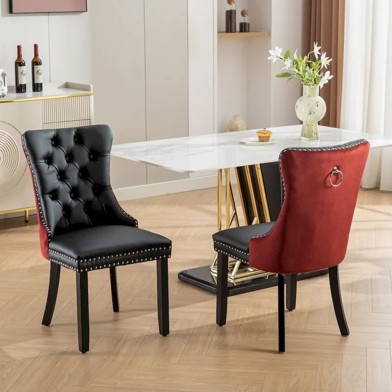 High Back PU Leather Dining Chair with Nailhead Trim & Wood Legs, Set of 2