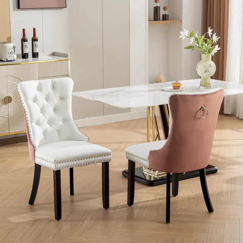 High Back PU Leather Dining Chair with Nailhead Trim & Wood Legs, Set of 2