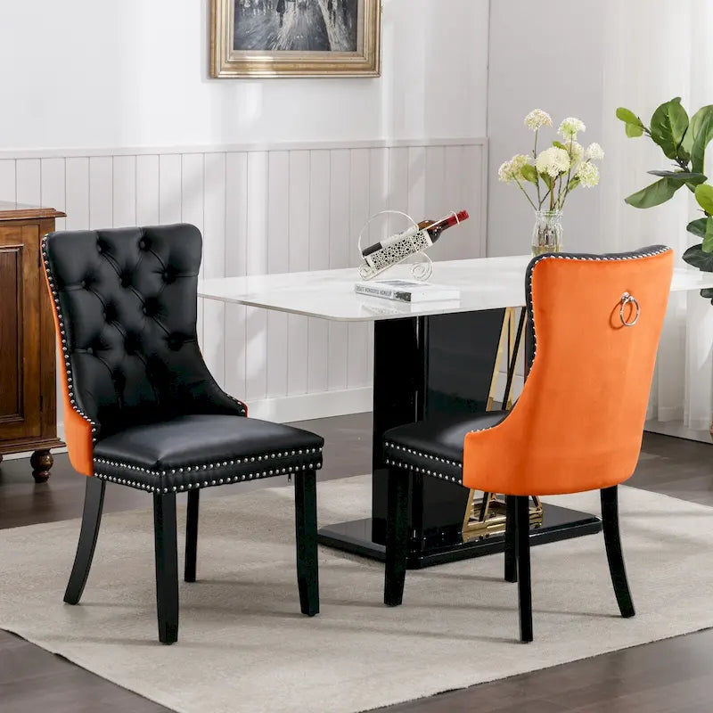 High Back PU Leather Dining Chair with Nailhead Trim & Wood Legs, Set of 2