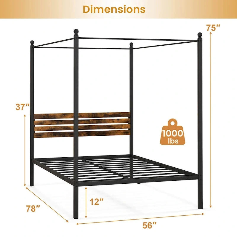 Twin/Full/Queen 4-Post Canopy Bed Frame, Rustproof Metal, 1000 lb Capacity