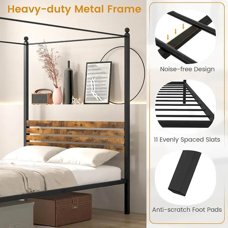 Twin/Full/Queen 4-Post Canopy Bed Frame, Rustproof Metal, 1000 lb Capacity