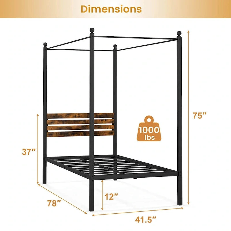 Twin/Full/Queen 4-Post Canopy Bed Frame, Rustproof Metal, 1000 lb Capacity