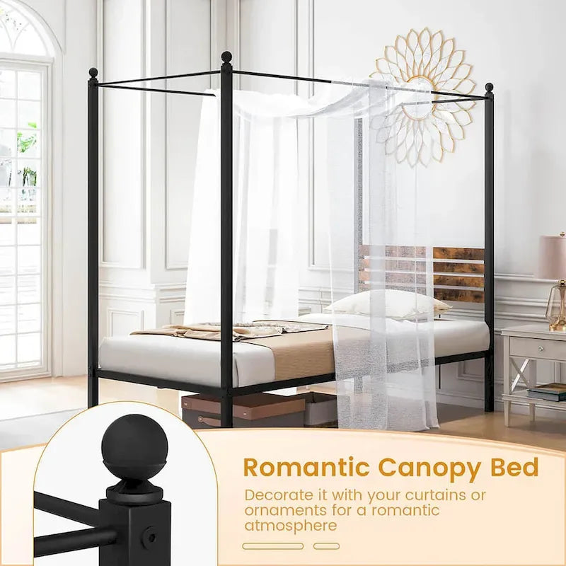 Twin/Full/Queen 4-Post Canopy Bed Frame, Rustproof Metal, 1000 lb Capacity