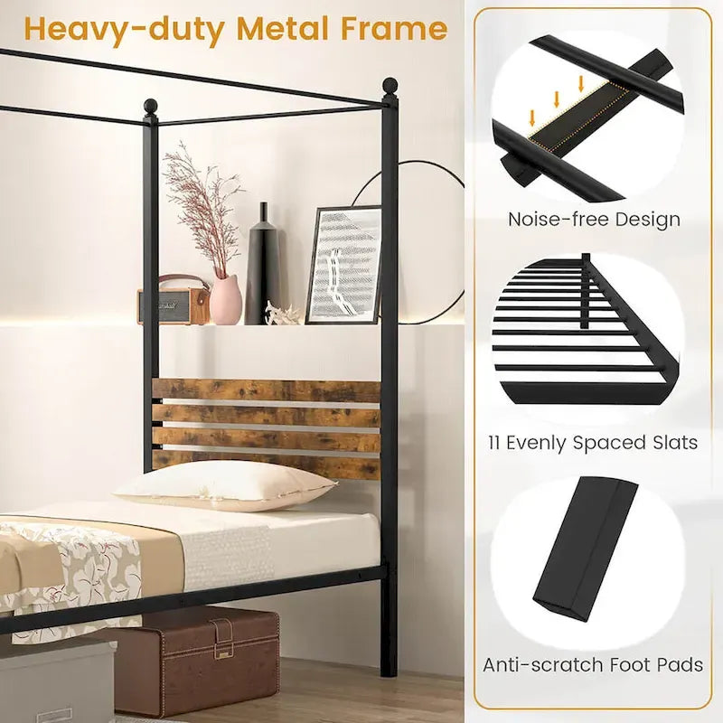 Twin/Full/Queen 4-Post Canopy Bed Frame, Rustproof Metal, 1000 lb Capacity