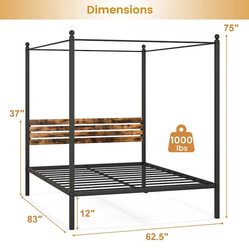 Twin/Full/Queen 4-Post Canopy Bed Frame, Rustproof Metal, 1000 lb Capacity