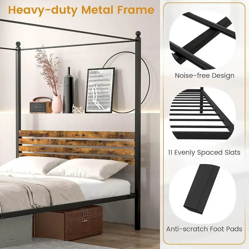 Twin/Full/Queen 4-Post Canopy Bed Frame, Rustproof Metal, 1000 lb Capacity