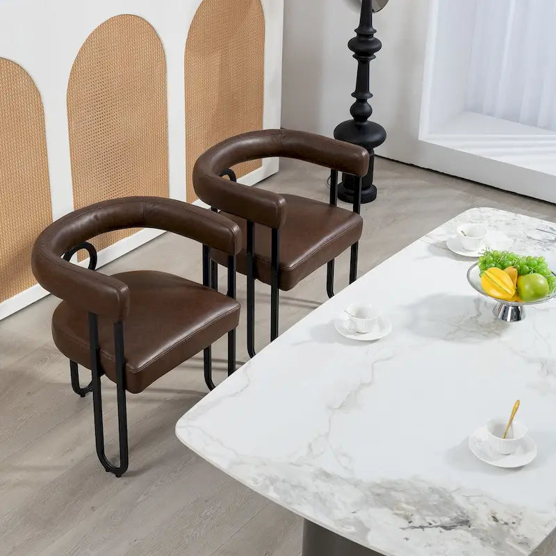 Contemporary PU Barrel Dining Chair with Matte Black Metal Legs & Thick Cushion, Set of 2