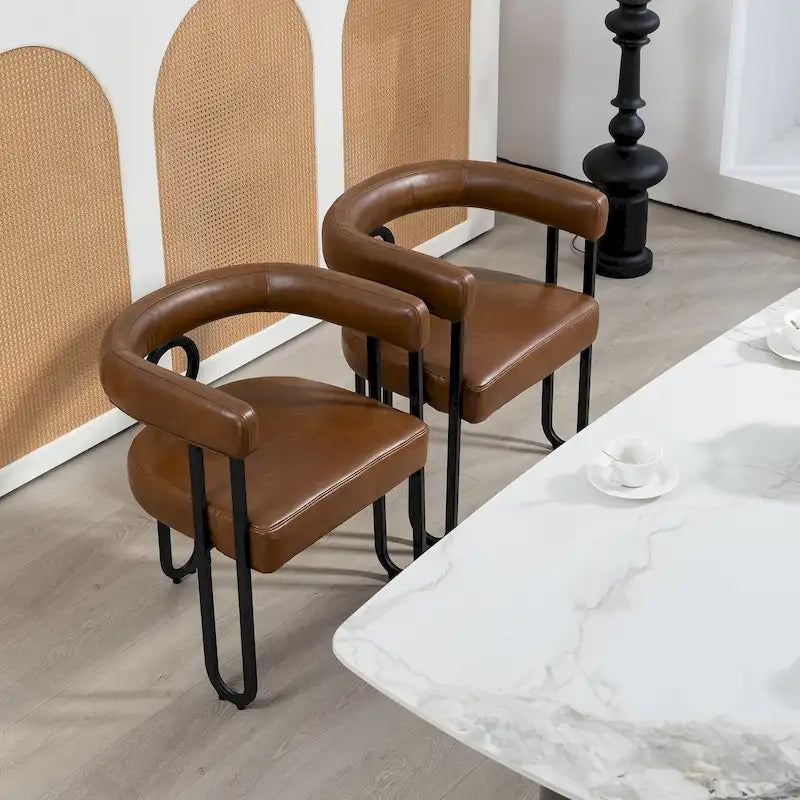 Contemporary PU Barrel Dining Chair with Matte Black Metal Legs & Thick Cushion, Set of 2