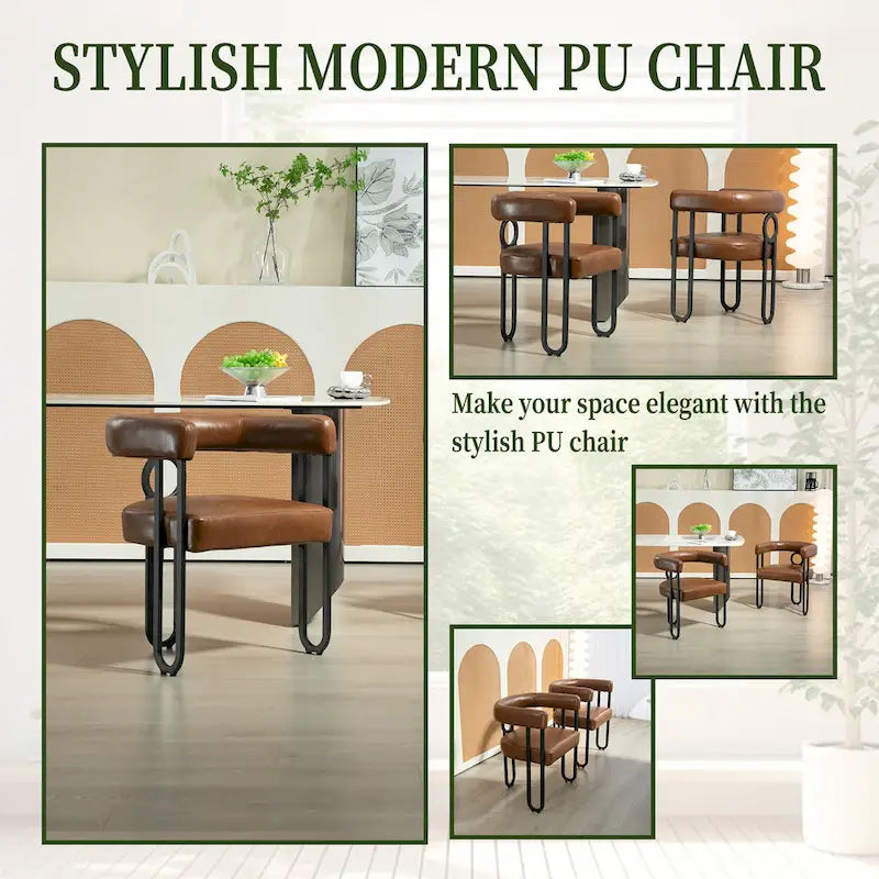 Contemporary PU Dining Chair set of 2, Barrel Chair with Matte Black Metal Legs and Round Thickened Cushion