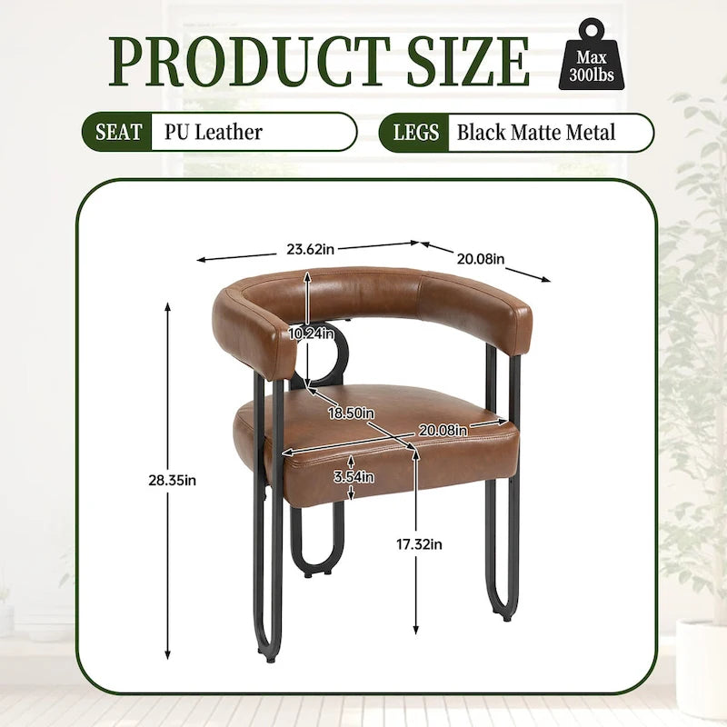 Contemporary PU Dining Chair set of 2, Barrel Chair with Matte Black Metal Legs and Round Thickened Cushion