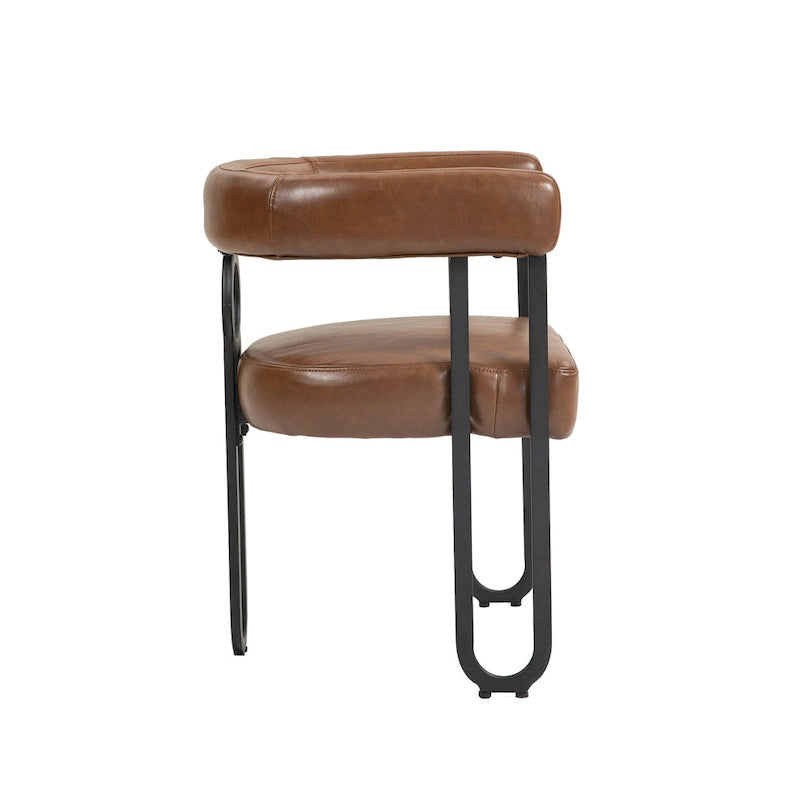 Contemporary PU Dining Chair set of 2, Barrel Chair with Matte Black Metal Legs and Round Thickened Cushion