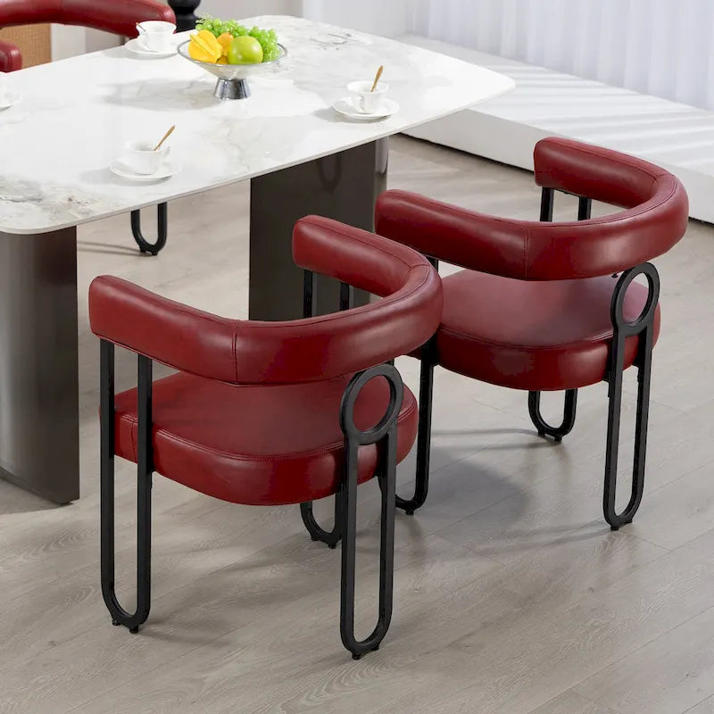 Contemporary PU Dining Chair set of 2, Barrel Chair with Matte Black Metal Legs and Round Thickened Cushion