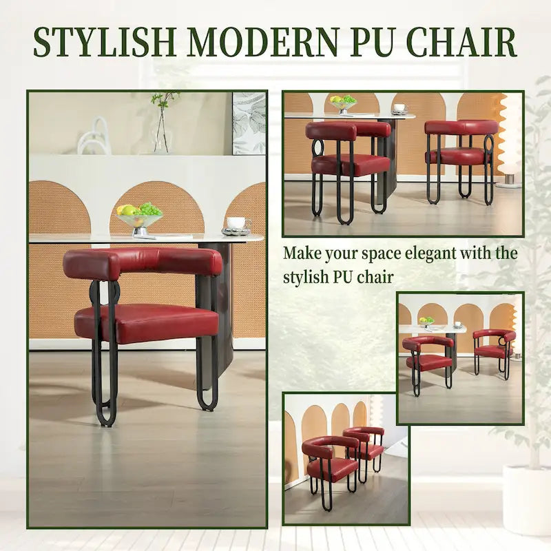 Contemporary PU Dining Chair set of 2, Barrel Chair with Matte Black Metal Legs and Round Thickened Cushion