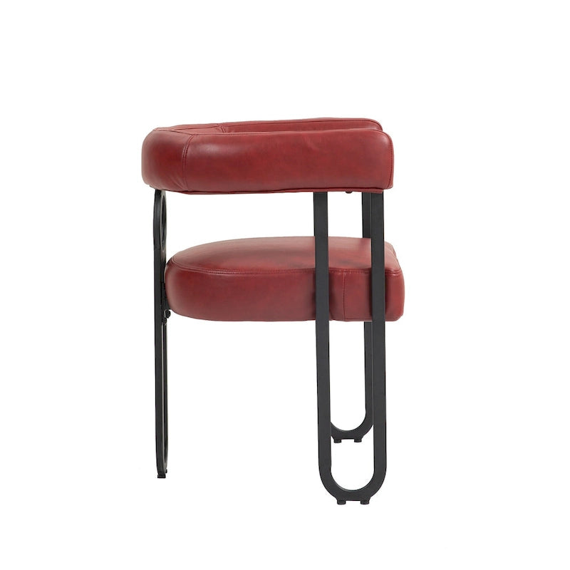 Contemporary PU Dining Chair set of 2, Barrel Chair with Matte Black Metal Legs and Round Thickened Cushion