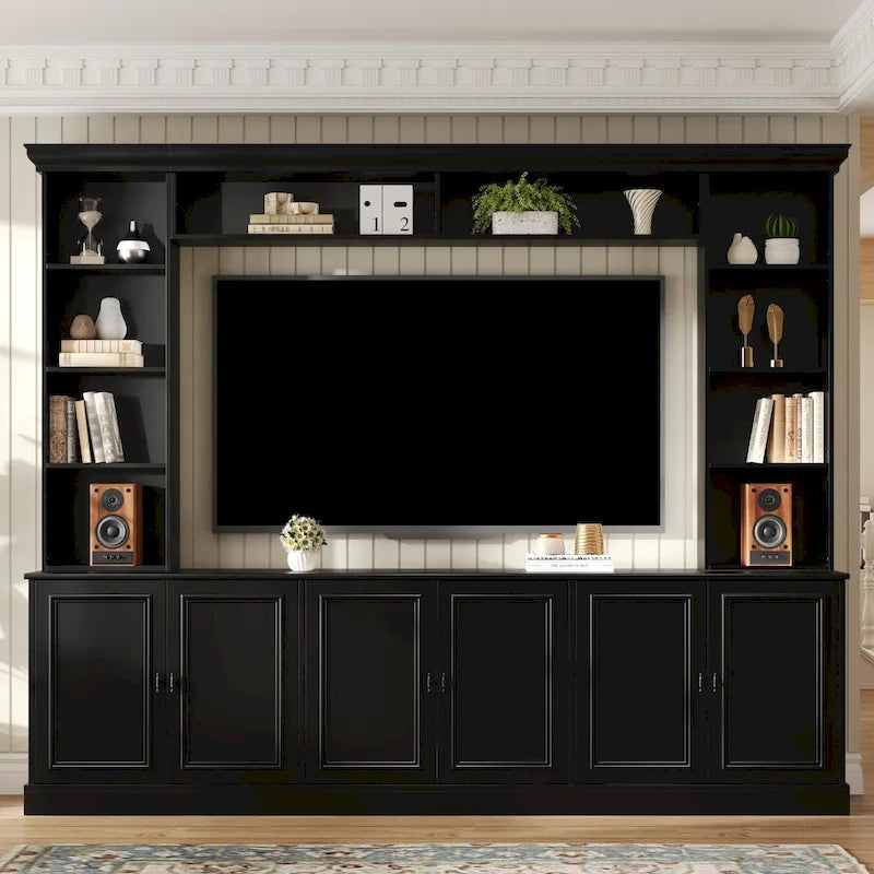 97.4" Mid-Century TV Stand with Bookshelves, Adjustable Shelves & Bridge — Fits TVs Up to 70"