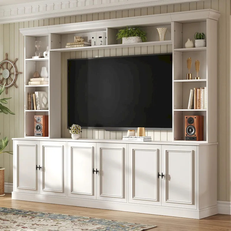97.4W Mid-Century TV Stand with Bookshelves, Adjustable Shelf & Bridge - Entertainment Center for TVs Up to 70