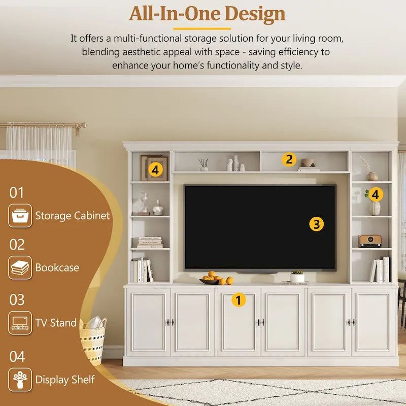 97.4W Mid-Century TV Stand with Bookshelves, Adjustable Shelf & Bridge - Entertainment Center for TVs Up to 70
