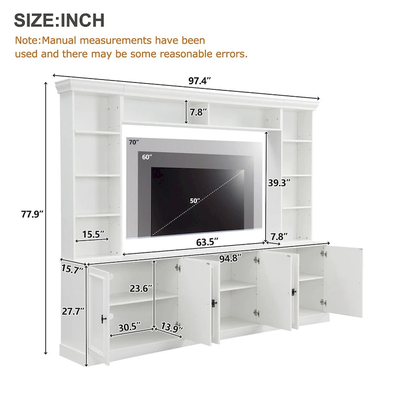97.4W Mid-Century TV Stand with Bookshelves, Adjustable Shelf & Bridge - Entertainment Center for TVs Up to 70