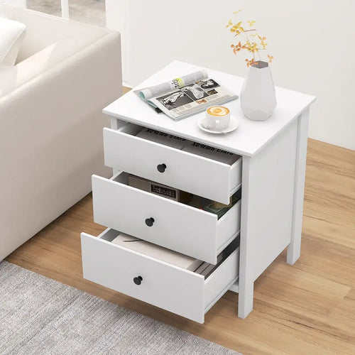 3-Drawer Wooden Nightstand Bedside Table, Modern Side End Table - White