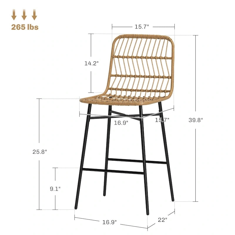 Rattan Counter Height Bar Stools with Back, 26" Wicker Bar Chairs for Kitchen Island, Black, 2-Pack