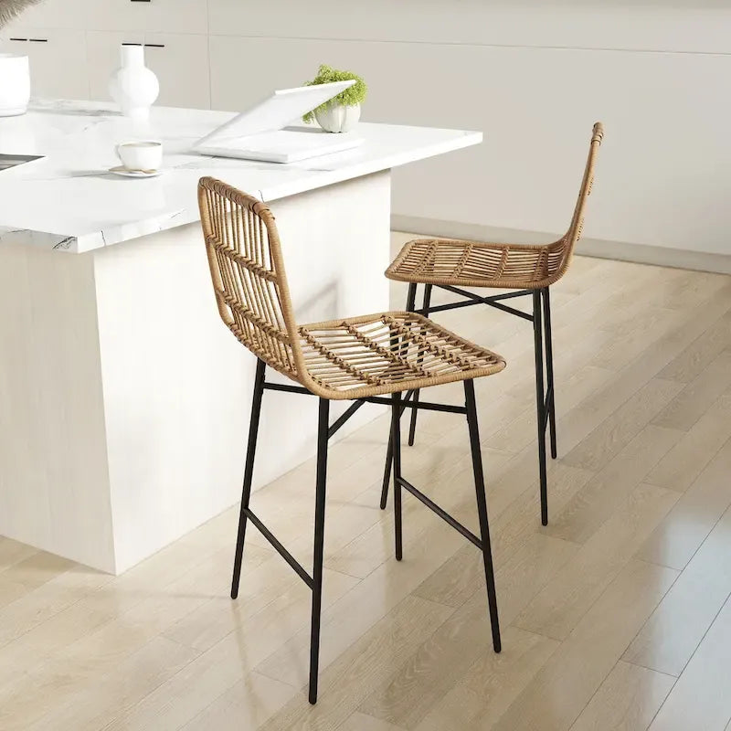 Rattan Counter Height Bar Stools with Back, 26" Wicker Bar Chairs for Kitchen Island, Black, 2-Pack