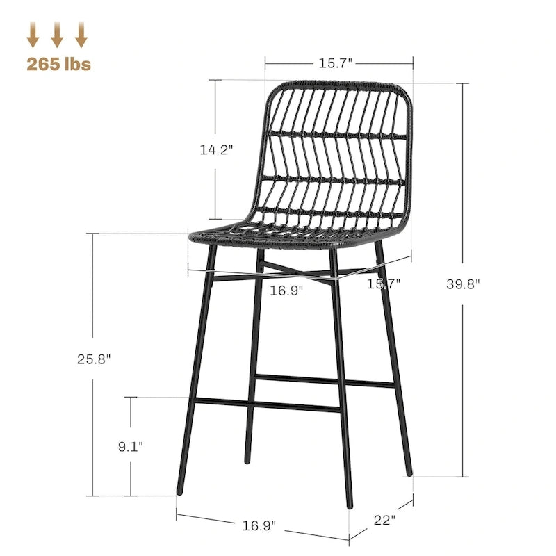 Rattan Counter Height Bar Stools with Back, 26" Wicker Bar Chairs for Kitchen Island, Black, 2-Pack
