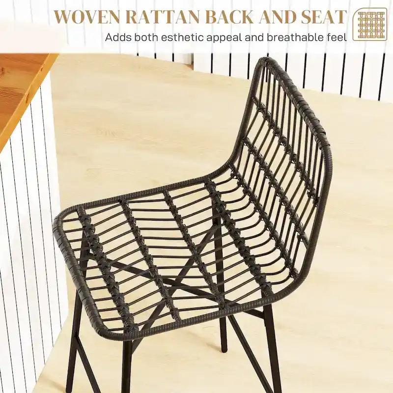 Rattan Counter Height Bar Stools with Back, 26" Wicker Bar Chairs for Kitchen Island, Black, 2-Pack