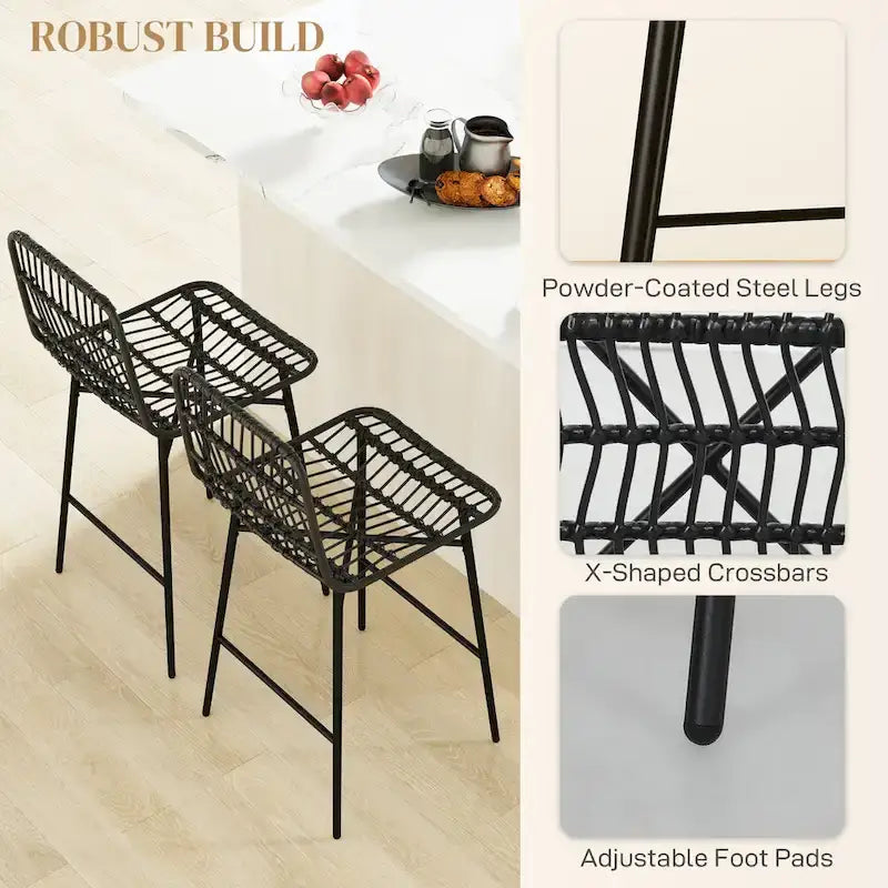 Rattan Counter Height Bar Stools with Back, 26" Wicker Bar Chairs for Kitchen Island, Black, 2-Pack