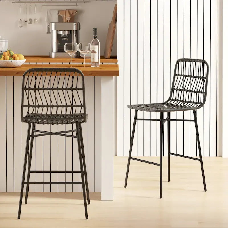 Rattan Counter Height Bar Stools with Back, 26" Wicker Bar Chairs for Kitchen Island, Black, 2-Pack