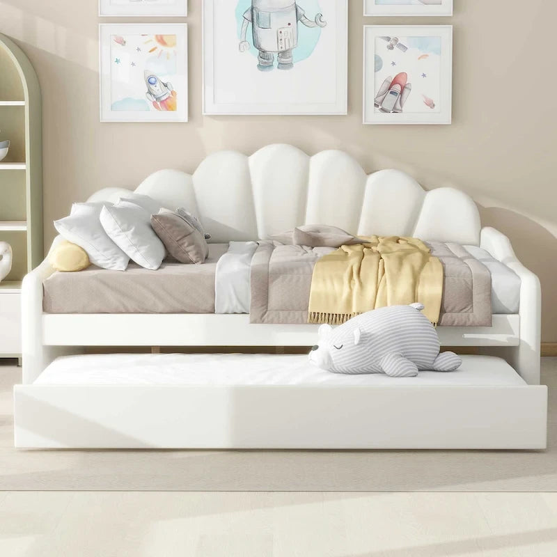White Full Size Upholstered Daybed with Shell-Shaped Backrest and Trundle
