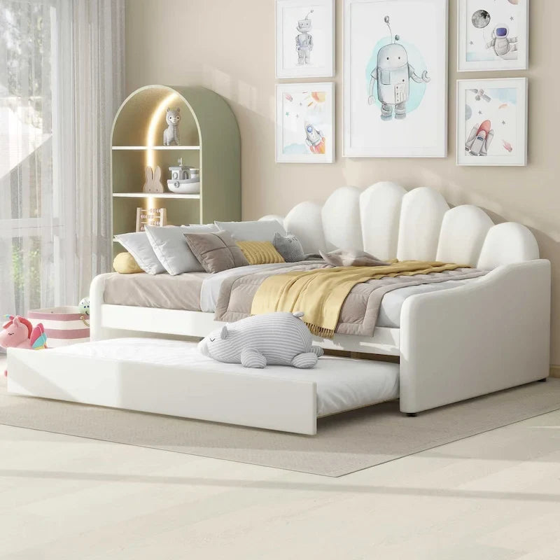 White Full Size Upholstered Daybed with Shell-Shaped Backrest and Trundle