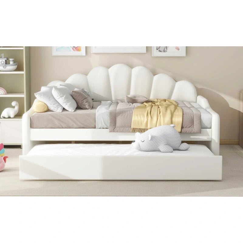 White Full Size Upholstered Daybed with Shell-Shaped Backrest and Trundle
