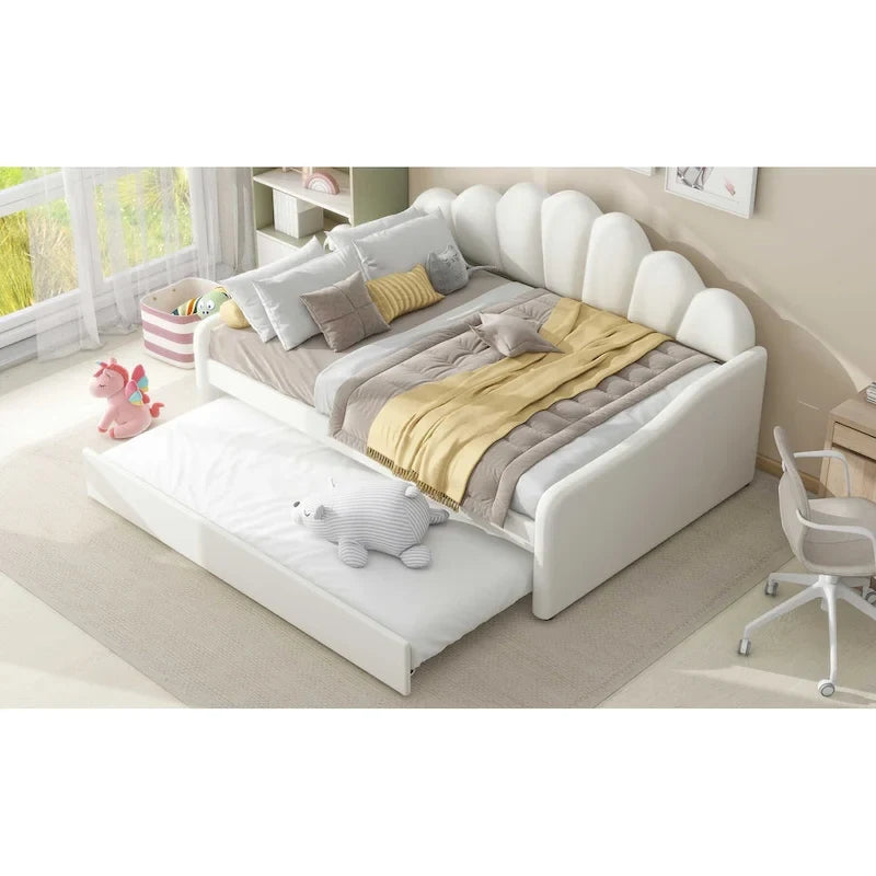 White Full Size Upholstered Daybed with Shell-Shaped Backrest and Trundle