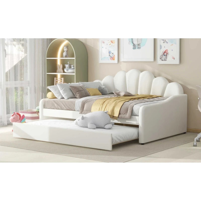 White Full Size Upholstered Daybed with Shell-Shaped Backrest and Trundle