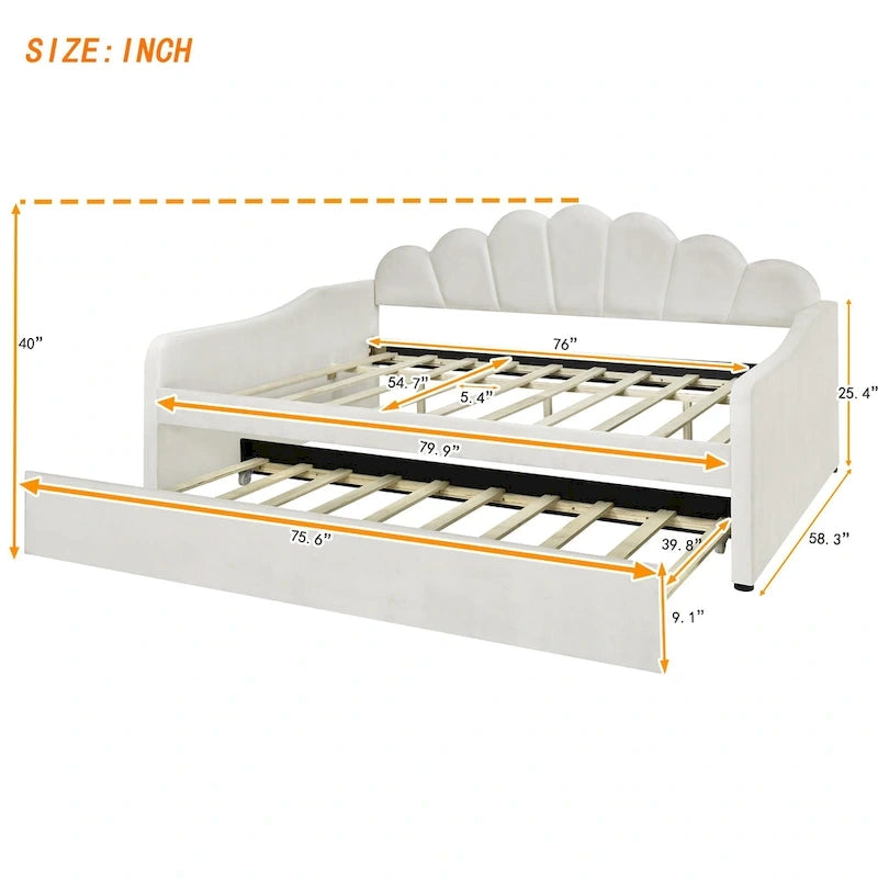 White Full Size Upholstered Daybed with Shell-Shaped Backrest and Trundle