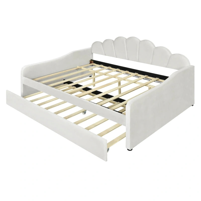 White Full Size Upholstered Daybed with Shell-Shaped Backrest and Trundle