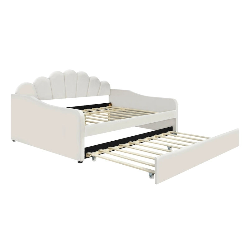 White Full Size Upholstered Daybed with Shell-Shaped Backrest and Trundle