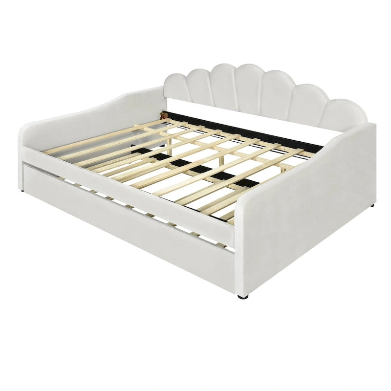 White Full Size Upholstered Daybed with Shell-Shaped Backrest and Trundle