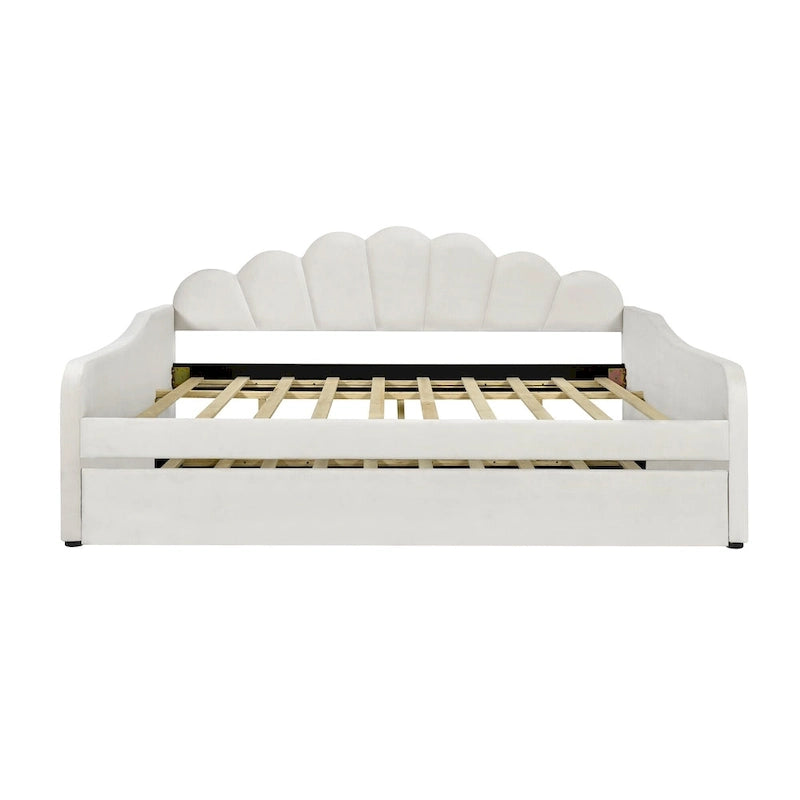 White Full Size Upholstered Daybed with Shell-Shaped Backrest and Trundle