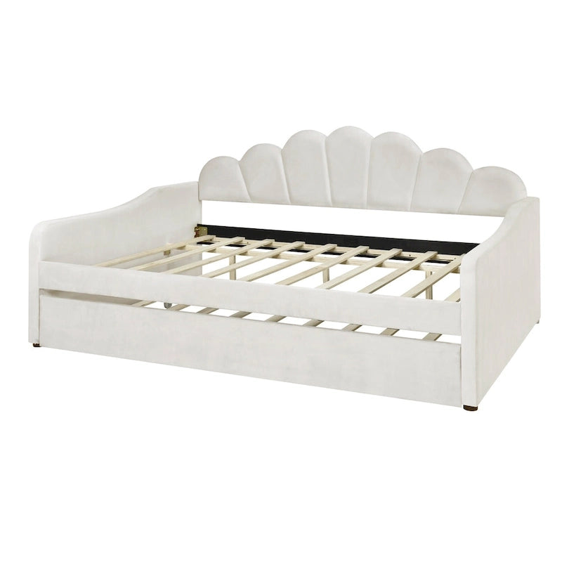 White Full Size Upholstered Daybed with Shell-Shaped Backrest and Trundle