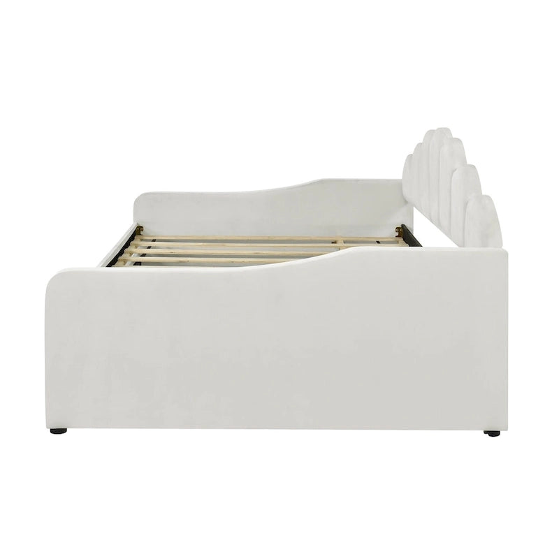 White Full Size Upholstered Daybed with Shell-Shaped Backrest and Trundle