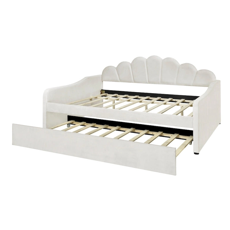 White Full Size Upholstered Daybed with Shell-Shaped Backrest and Trundle