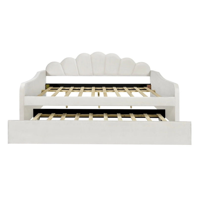 White Full Size Upholstered Daybed with Shell-Shaped Backrest and Trundle