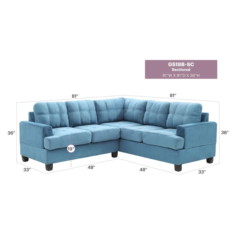 80" W 2-Piece Microfiber L-Shape Sectional Sofa, Navy Blue - 80L x 80W x 36H